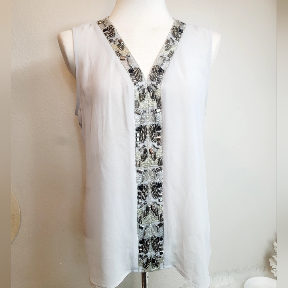 CARMEN MARC VALVO SEMI SHEER SLEEVELESS BEAD EMBELLISHED BLOUSE WOMEN'S …